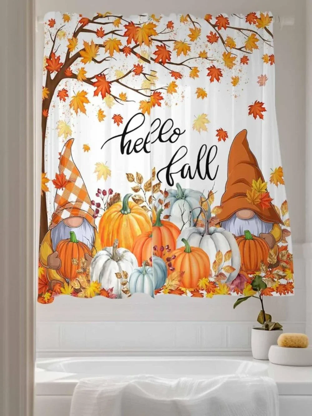 Thanksgiving Gnome Pumpkin Semi-Sheer Curtains, Fall Maple Leaves Drapes, 63